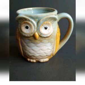 Ceramic Owl Mug Aqua Blue Brown 4"